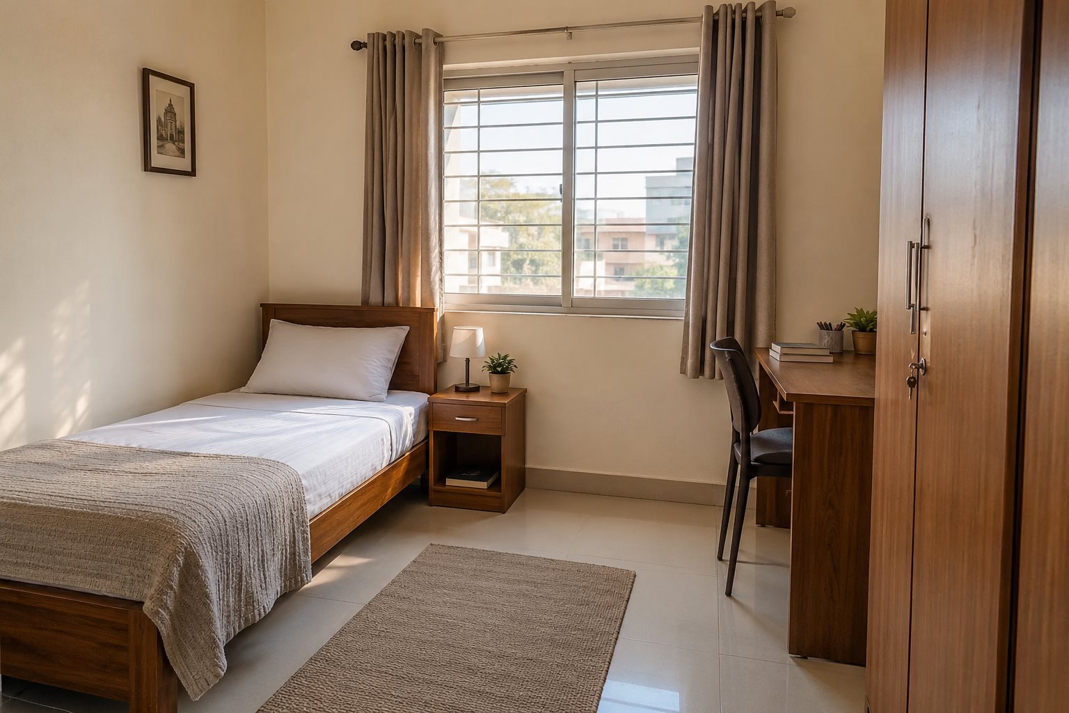 Illustrative single student room with bed, desk and wardrobe